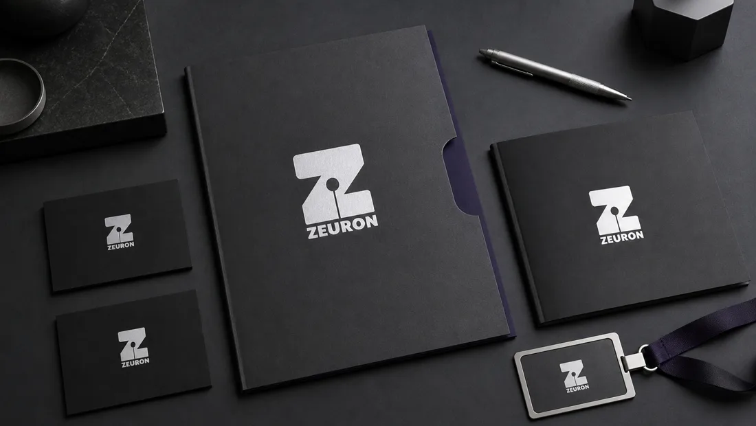 Zeuron stationery suite — every piece in lockstep
