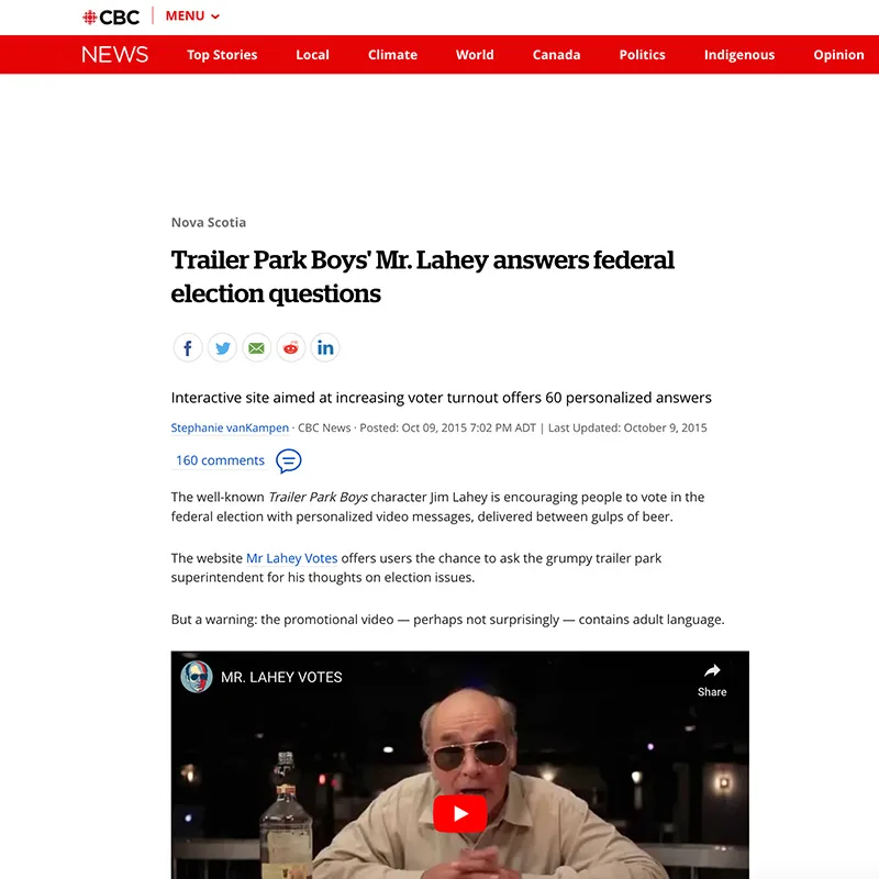 CBC News coverage of the Mr. Lahey Votes campaign