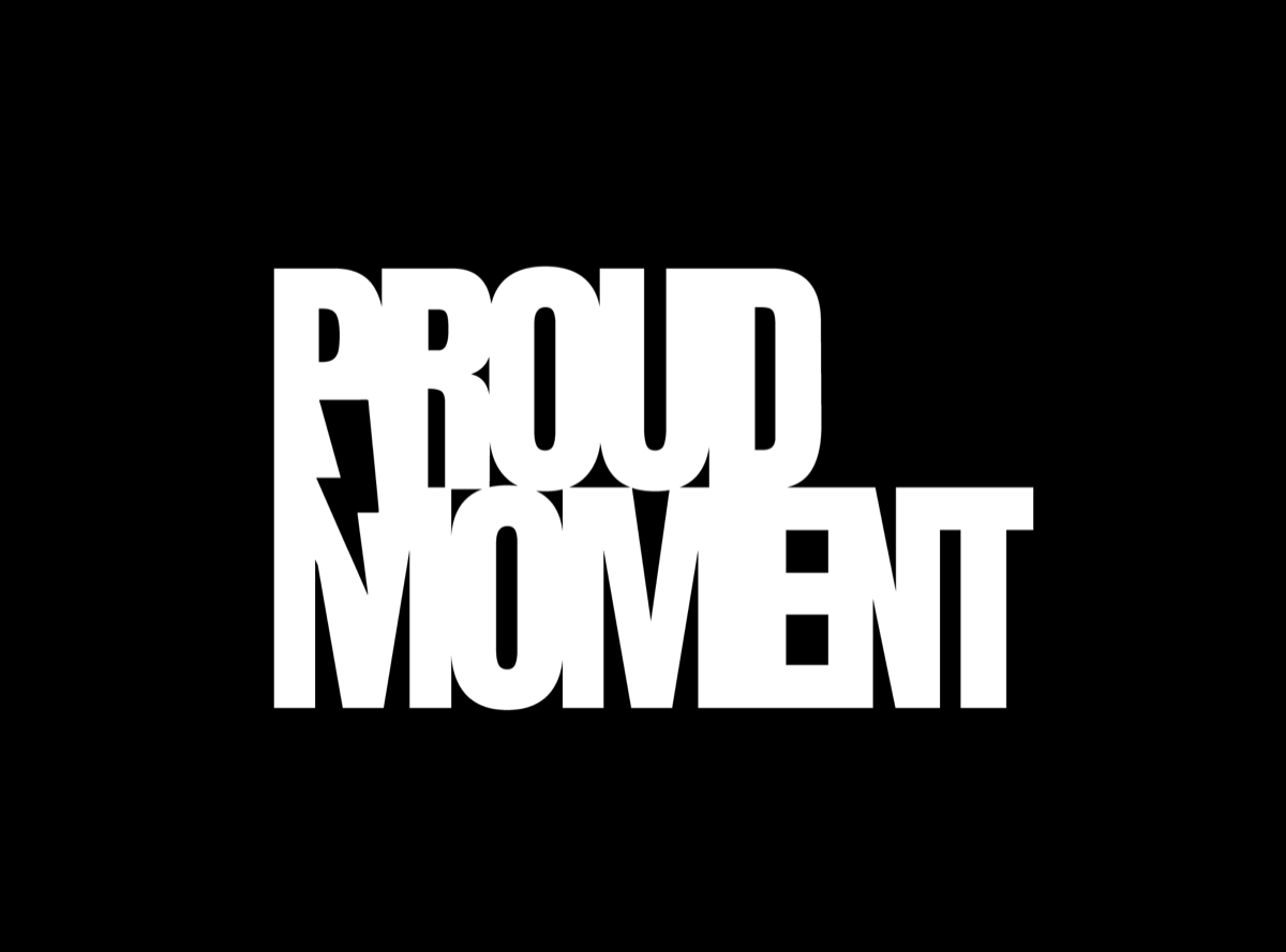 Proud Moment wordmark with lightning-bolt P