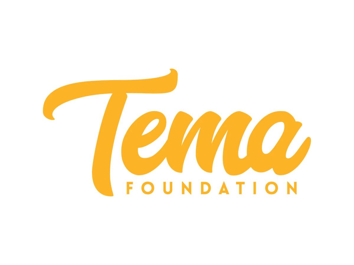 Tema Foundation wordmark in yellow on blue